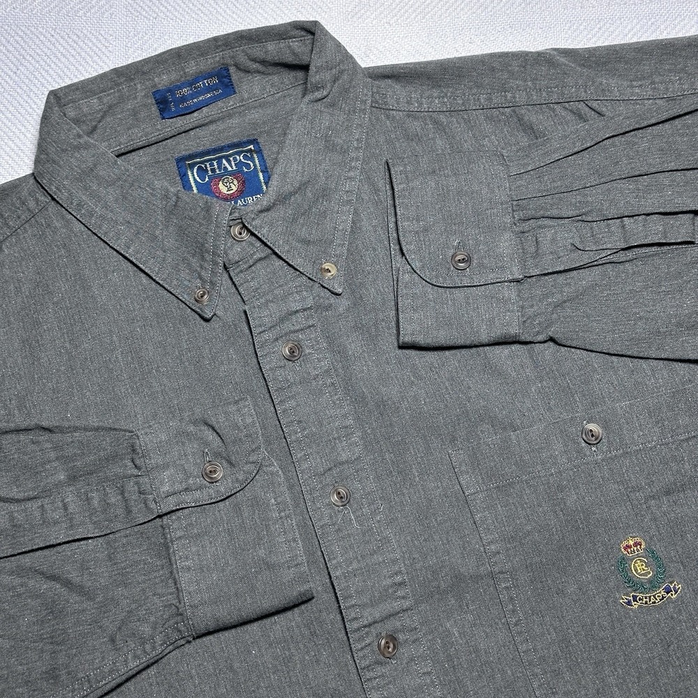 Vintage Chaps Ralph Lauren Button Down Shirt Mens XL Crest Gray Chambray Denim - Picture 1 of 11